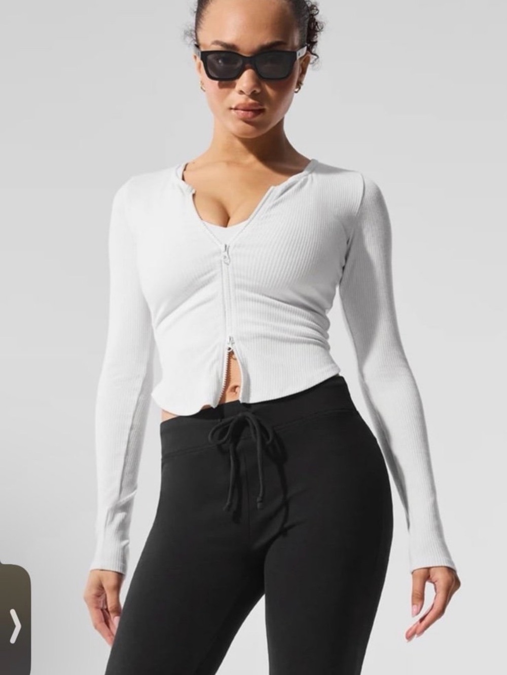 ALO Yoga White Ribbed Zip-Up Cropped Top